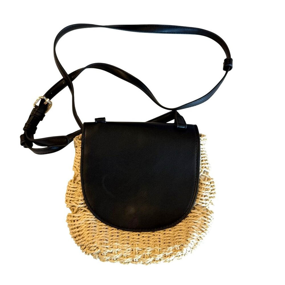 Faux Leather Straw Crossbody Bag Black Beige Adjustable Strap Magnetic Closure